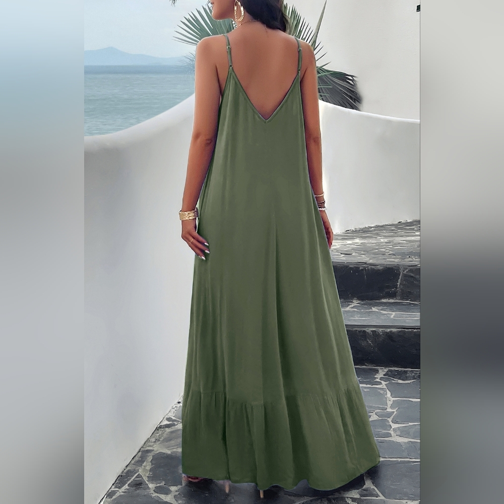 Oversized Pocket Casual Sleeveless V-Neck Low Back Long Summer Maxi Dress - Picture 10 of 12